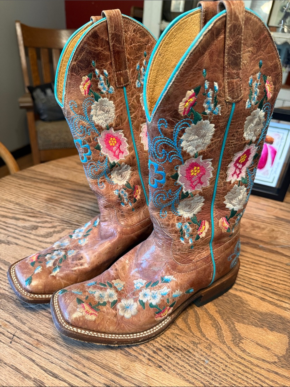 Macy Bean Women’s Brown Embroidered Western Heeled Boots with Turquoise Trim